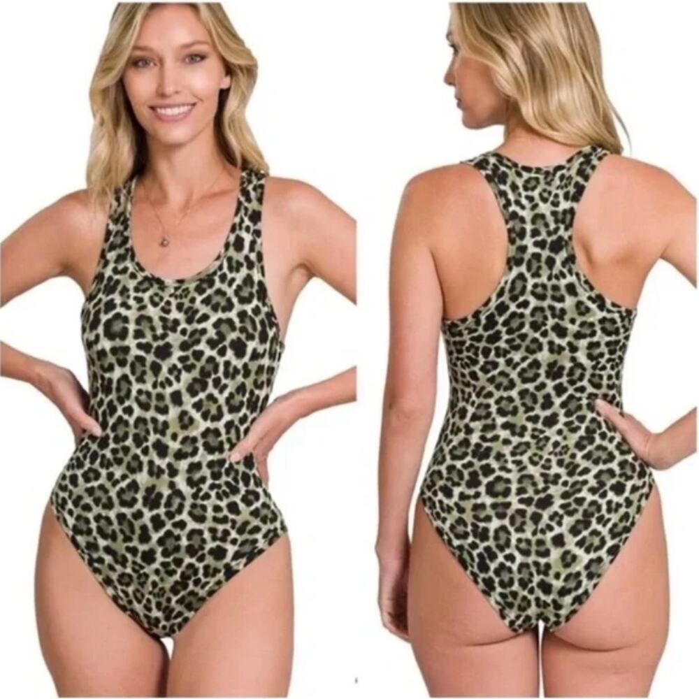 NEW Zenana‎ Brushed Leopard Print Racerback Tank Bodysuit